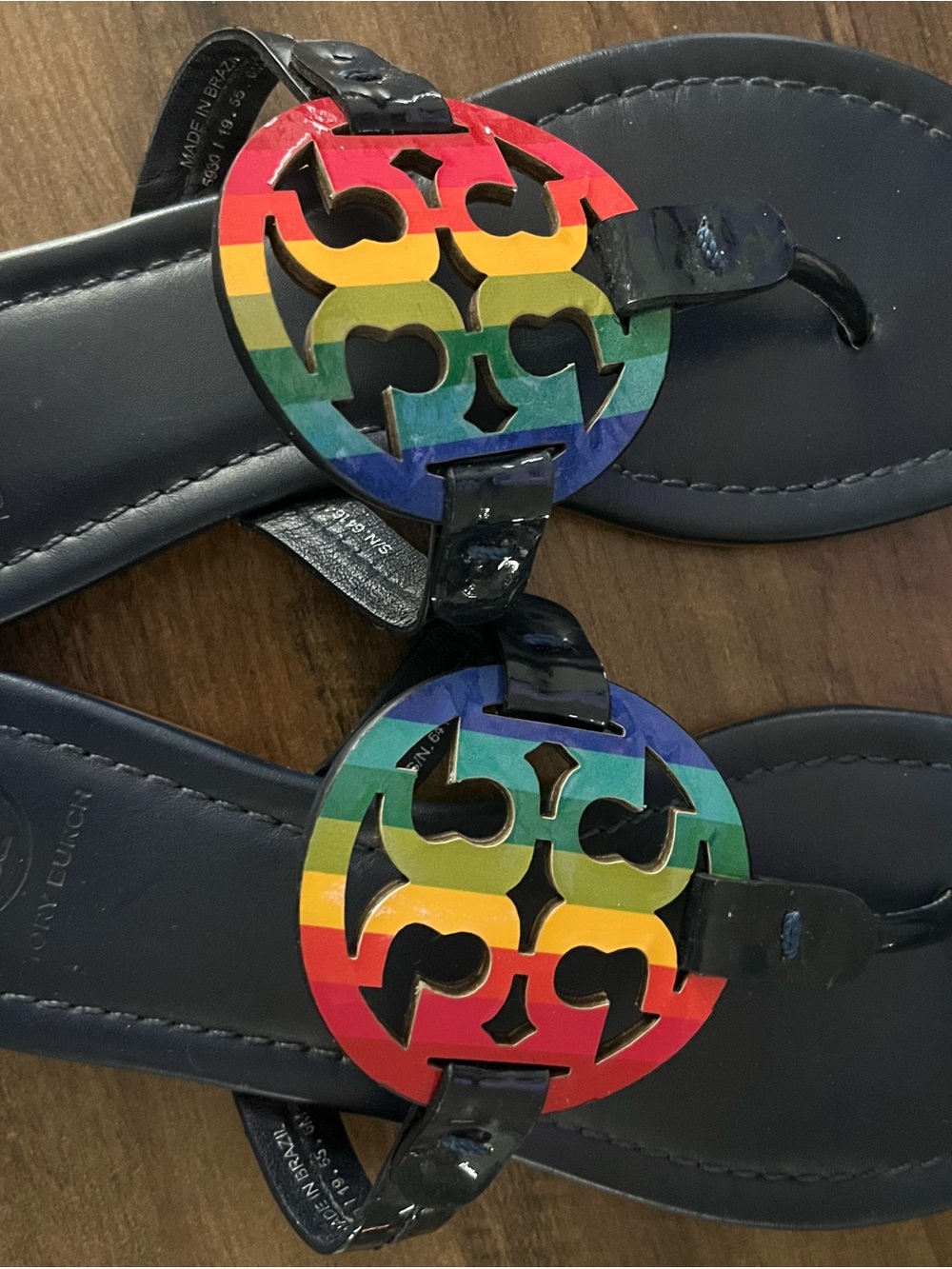 Tory Burch Black Leather Sandals with Rainbow Logo Medallions